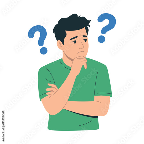 Man with hand on chin looking confused with question marks around him