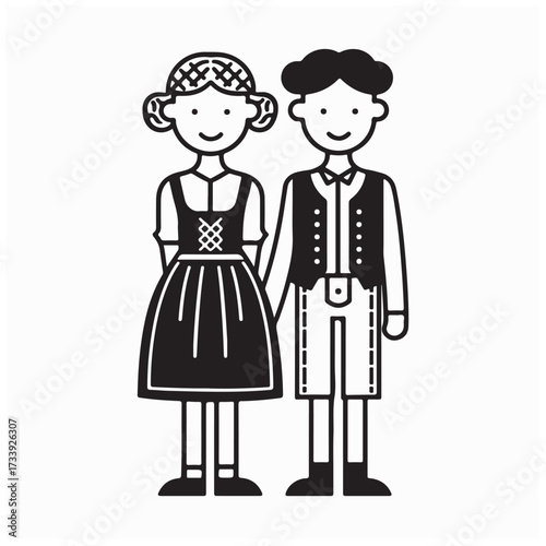 Cartoon Couple Standing Wearing Traditional German Clothes Vector Illustration