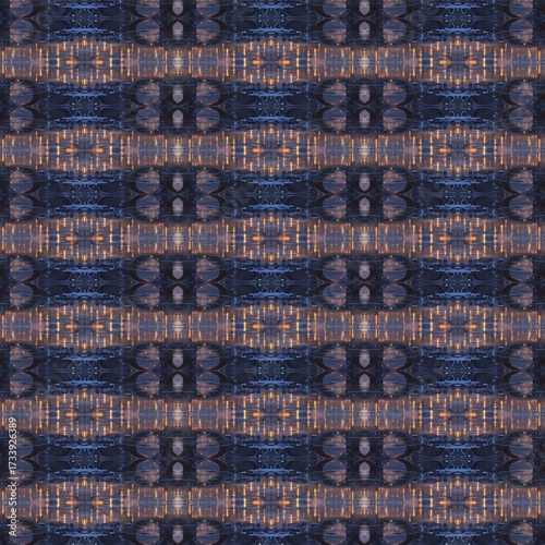 Geometric abstract pattern in navy and gold, modern kaleidoscope symmetry, luxury textile or wallpaper design.