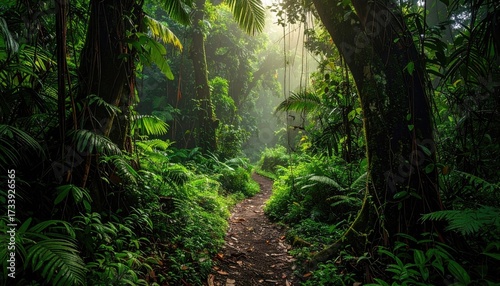 Wallpaper Mural Lush Green Forest Path with Sunlit Canopy Botanical Cinematic View, Woodland Trail, Natural Light, Dense Foliage, Environmental Scenery, Tranquil Atmosphere Torontodigital.ca