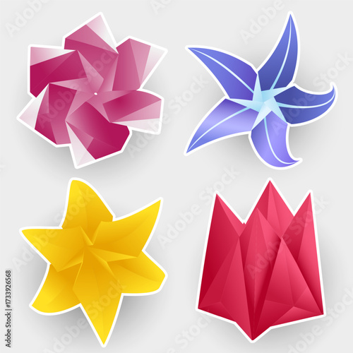 Set of origami illustration. Cartoon Stickers collection. Blossom, flowers, floral, spring, flora