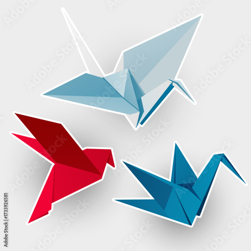 Crane, bird, pigeon. Set of origami animal illustration. Cartoon Stickers collection.
