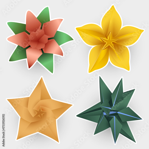 Set of origami illustration. Cartoon Stickers collection. Blossom, flowers, floral, spring, flora