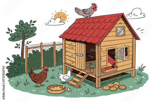 Featuring Chicken Coop With Hens Bold Poultry Farmi Crisp High-Quality Stock Image