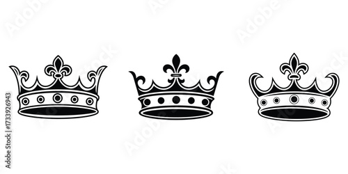 Three ornate black and white royal crowns with intricate details and fleur de lis emblems
