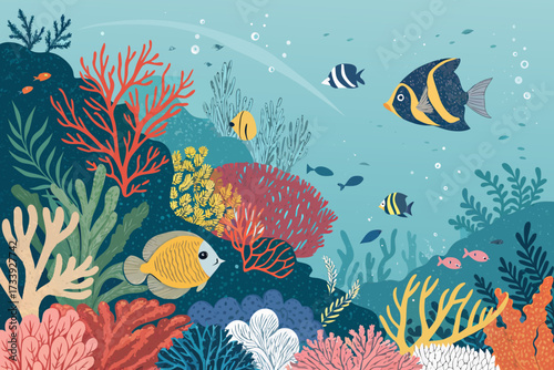 Elegant Coral Reef With Tropical Fish Bold Vect High-Quality Stock Image