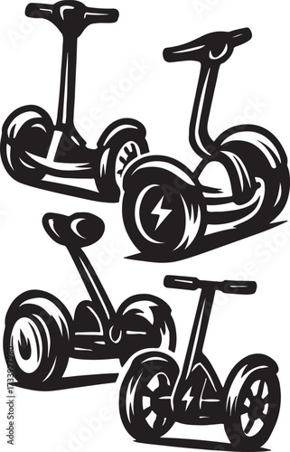 Four stylized black and white illustrations of personal electric self balancing scooters in different perspectives and arrangements