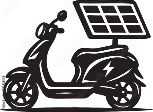 Stylized black and white illustration of a modern electric scooter powered by a solar panel on its back