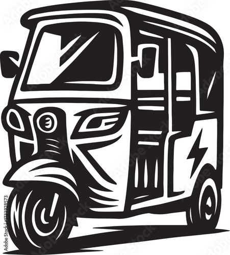 Stylized black and white illustration of a modern electric auto rickshaw with a lightning bolt symbol on the side