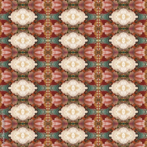 Kaleidoscope floral abstract with red, cream, and green shapes forming seamless symmetrical patterns, perfect for textile or modern wallpaper design. Golden keywords: abstract, floral, kaleidoscope, s