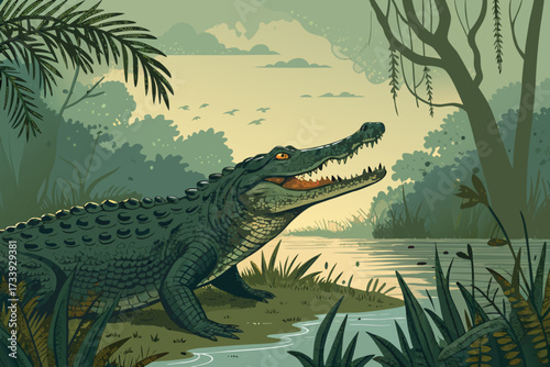 Depicting Crocodile Swamp Habitat Bold Wild Anim Crisp High-Quality Stock Image