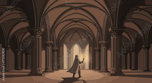 A brave man in a long cape holding torch in grand hall of medieval castle illustration
