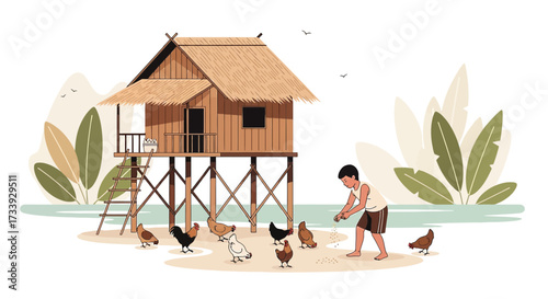 A boy feeds chickens near a traditional stilt house in a rural coastal setting beautiful serene