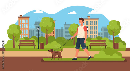 A cartoon image of a man and his dog walking in a park with buildings background beautifully