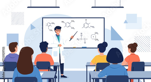 A chemistry teacher explains molecular formulas to students in the classroom illustration