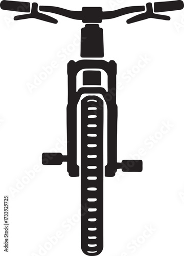 Top down view of a black mountain bike with knobby tires and handlebars isolated on a white background