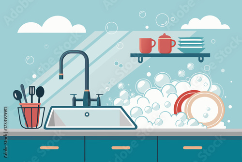 Depicting Dishwashing With Soap Foam Bold Kit Stunning High-Quality Stock Image