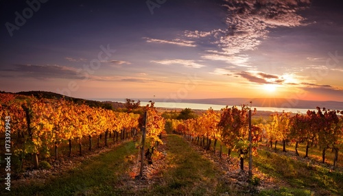 Autumn Vineyard In The Sunset Balaton Hungary