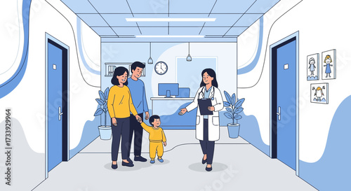 A doctor welcomes a family in a hospital hallway showing care and professionalism in healthcare