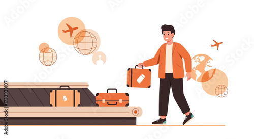 A flat vector illustration representing a traveler collecting baggage at the airport after arrival