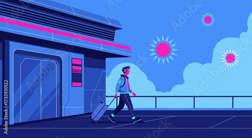 A futuristic traveler with luggage at a modern transportation hub in neon style