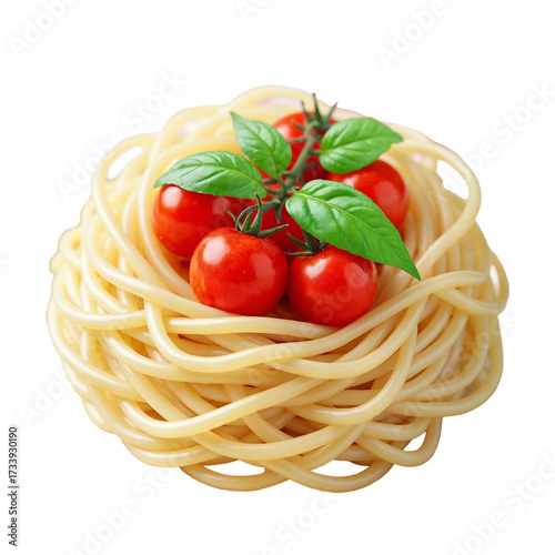 (AI) Delicious spaghetti nest with cherry tomatoes and basil a tasty italian delight on transparent background