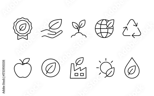 Set of ten black line icons including eco badge, hand with leaf, seedling, globe, recycling symbol, apple, factory, sun, and water drop.