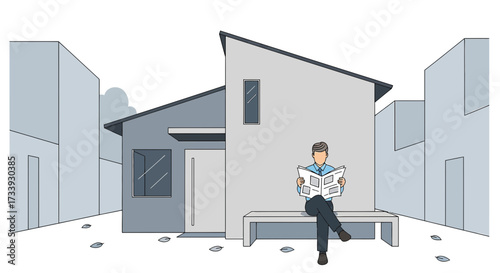 A man reading a newspaper on a bench in front of a modern house minimal style