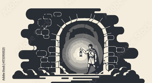 A medieval knight with a lantern ventures into a dark tunnel with stone architecture and a