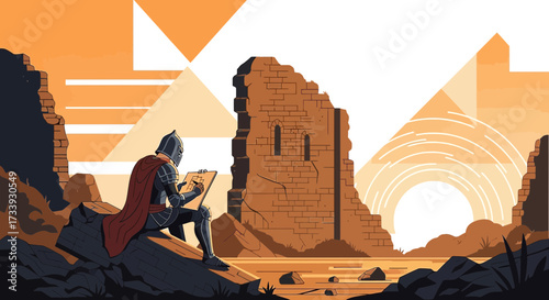 A medieval knight sketching the ruins of an ancient castle on a serene landscape with artistic flair