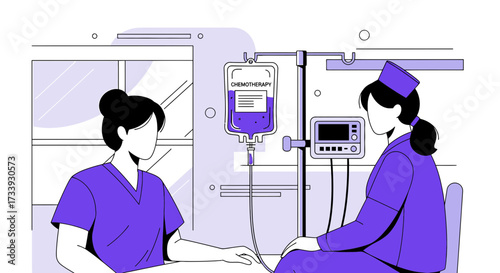 A minimalist illustration depicts a patient undergoing chemotherapy with a nurse attending to