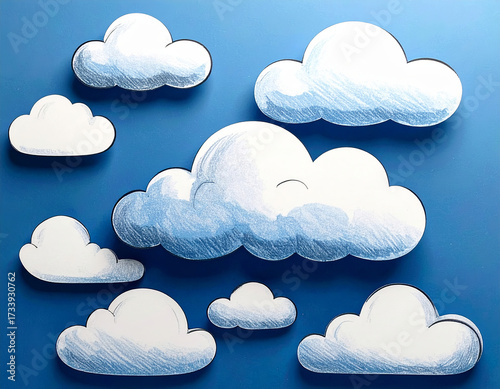 Fluffy clouds in various sizes, hand drawn style, create whimsical atmosphere