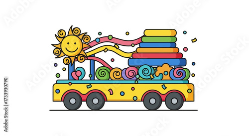 Whimsical toy parade float with a happy sun, rings, swirls, and confetti illustration