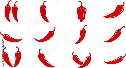 Spice level marks - mild, spicy and hot. Green and red chili pepper. Symbol of pepper with fire. Chili level icons set. Vector illustration isolated on white background