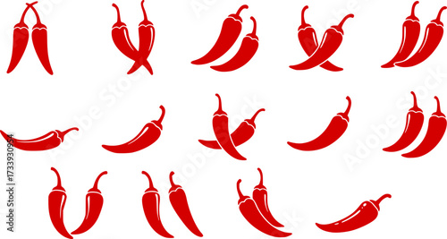 Spice level marks - mild, spicy and hot. Green and red chili pepper. Symbol of pepper with fire. Chili level icons set. Vector illustration isolated on white background