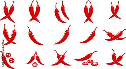 Spice level marks - mild, spicy and hot. Green and red chili pepper. Symbol of pepper with fire. Chili level icons set. Vector illustration isolated on white background