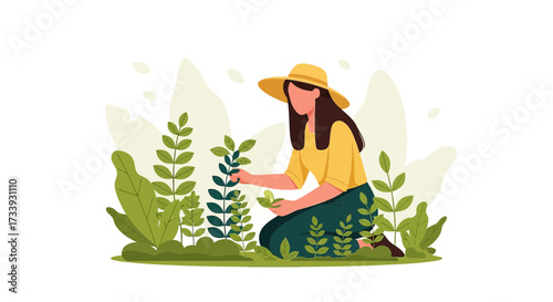 A serene illustration showcasing a woman tending to her flourishing garden with care and