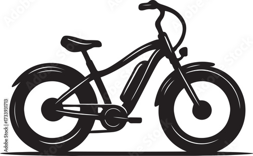 Silhouette of a modern electric fat tire bicycle with a powerful battery and thick wheels on a white background