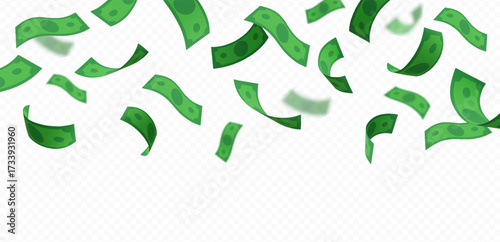 Dollar banknote fall from above, vector throw green paper bills fly, realistic money cash, currency flight on wind blow