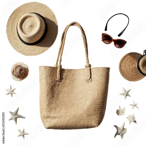 (AI) Summer beach bag essentials straw hats sunglasses and starfish on transparent background