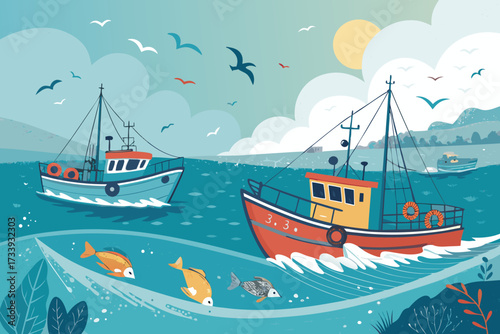 Crisp Fishing Boats Sea Bold Marine Resource High-Quality Stock Image
