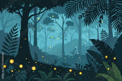 Featuring Fireflies Tropical Forest Night Scene Bold Elegant High-Quality Stock Image