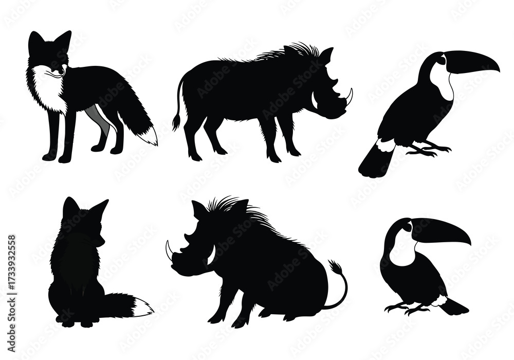Fototapeta premium Silhouette animal icons vector illustration of fox warthog and toucan simple flat design for logo or graphic element on transparent background