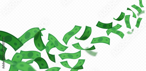 Dollar banknote falling, vector throw green paper bills pile, realistic cartoon money cash, currency flight on wind blow