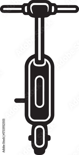 Top down view of a black and white graphic illustration of a modern electric scooter with handlebars and deck