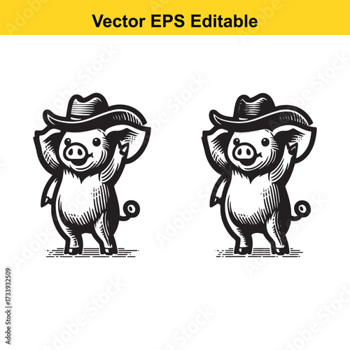 Cute cartoon pig wearing a cowboy hat, isolated on white background