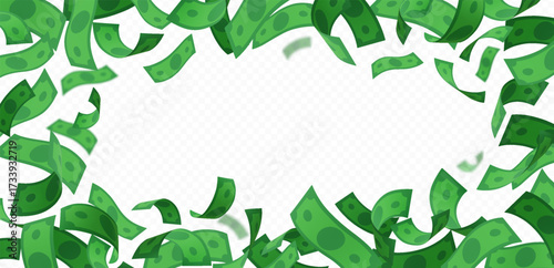 Dollar banknote fall vector frame, throw green paper bills flying, money cash, American currency explosion border