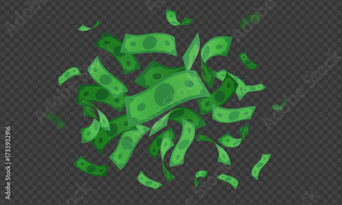 Flow of flying paper bills, green dollar money, cash, transparent black background.