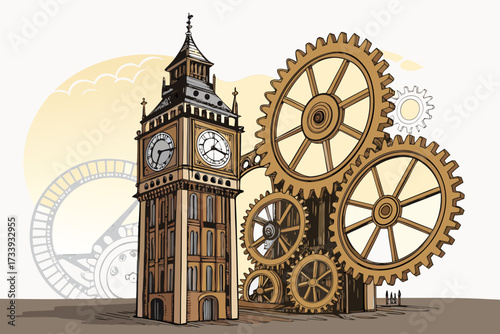 Giant Steampunk Clock Tower With Gears Bold Vect Professional Photo Ideal for Marketing