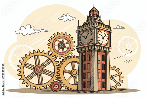 Giant Steampunk Clock Tower With Gears Bold Vect Creative Visual Perfect for Editorial Content